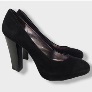 Calvin Klein Elita Black Suede Pump Chunky Block Heel Pointed Toe High Heels 8.5